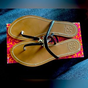 Tory Burch Black T Logo Flat Thong Sandals